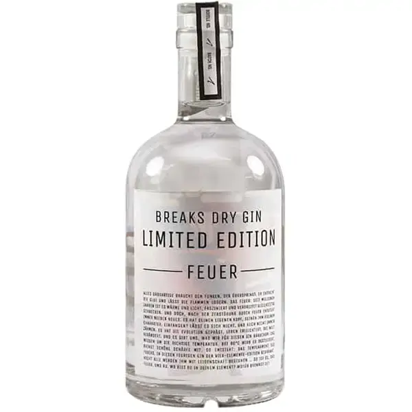Eine Flasche vom Element Feuer Dry Gin von Breaks Premium in der Rückansicht.