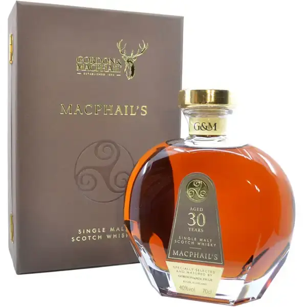 Eine Flasche MacPhail's Puccini Decanter Single Malt Scotch Whisky mit 30 Jahren in der Frontalansicht.