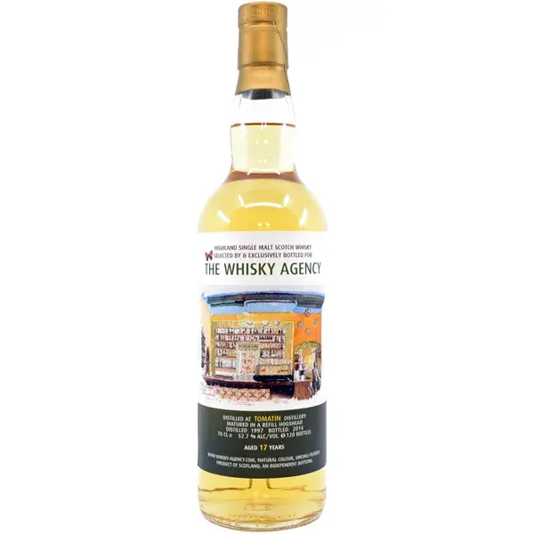 Eine Flasche Tomatin 1997 - 2014 Single Cask Scotch Whisky mit 17 Jahren in der Frontalansicht.