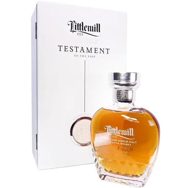 Eine Flasche Littlemill 1976 - 2020 Single Malt Scotch Whisky mit 44 Jahren in der Frontalansicht.