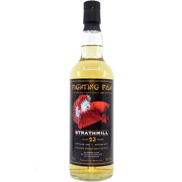 Eine Flasche Strathmill 1996 - 2019 Single Cask Scotch Whisky mit 23 Jahren in der Frontalansicht.