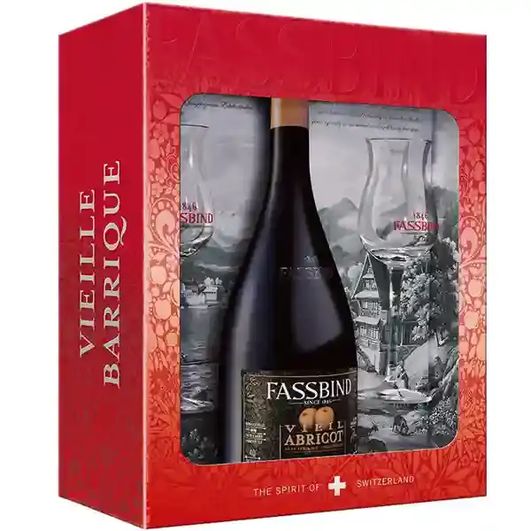 Eine Flasche Fassbind Vieille Barrique - Vielle Abricot - in der Geschenkverpackung.