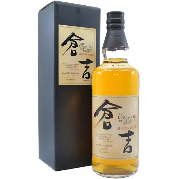 Eine Flasche Kurayoshi Sherry Cask Blended Malt Japanese Whisky in der Frontalansicht.