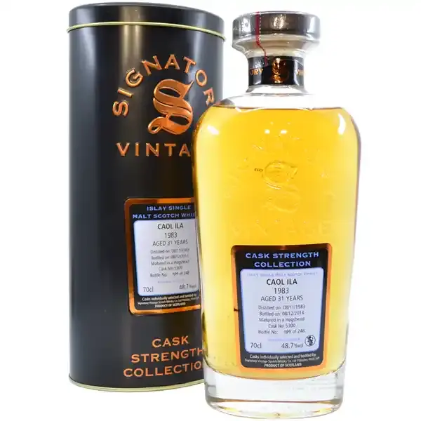 Eine Flasche Caol Ila 1983 - 2014 Single Cask Scotch Whisky mit 31 Jahren in der Frontalansicht.