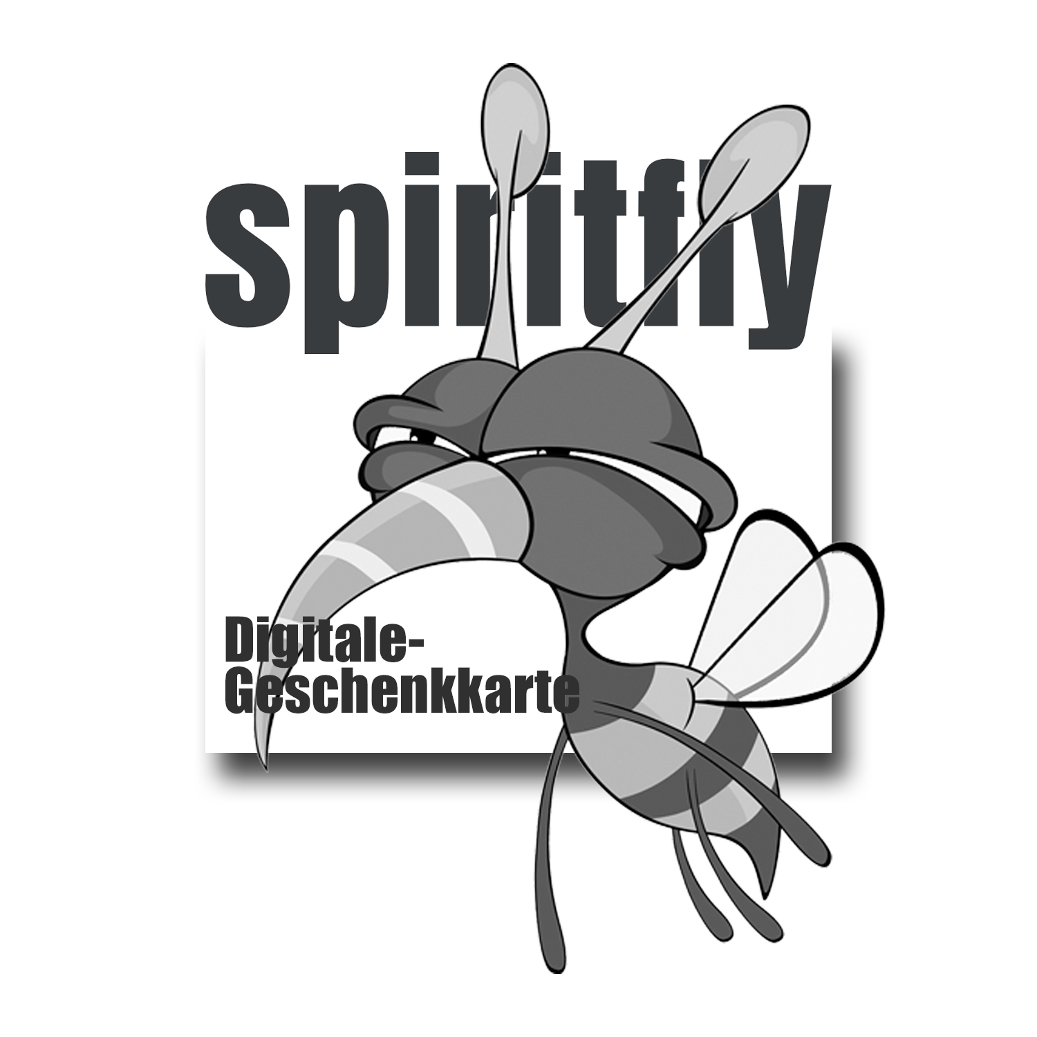 Auf dem Bild sieht man das Logo der Spiritfly mit der Bezeichnung „Digitale-Geschenkkarte“. Der Name Spiritfly ist eine Anlehnung an den Fliegenwhisky. Die Bezeichnung Fliegenwhisky bezeichnet ungefilterte Abfüllungen, welche in der Flasche über Kleinstpartikel aufweisen, die aus Fasspartikeln oder Proteinketten bestehen. Diese natürlichen und geschmacksvollen Verunreinigungen sehen aus wie ganz kleine Fliegen.