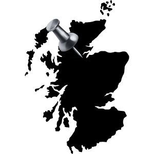Karte von Schottland mit Stecknadel beim Standort der Glen Ord Distillery.