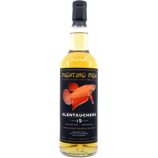 Eine Flasche Glentauchers 1997 - 2017 Single Cask Scotch Whisky mit 19 Jahren in der Frontalansicht.