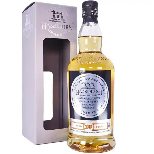 Eine Flasche Hazelburn Single Malt Scotch Whisky mit 10 Jahren in der Frontalansicht.