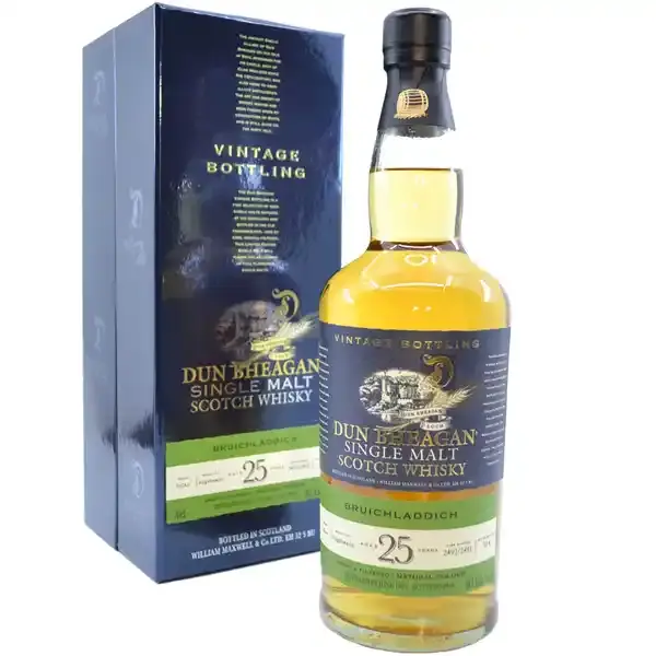 Eine Flasche Bruichladdich 1991 - 2016 Single Malt Scotch Whisky mit 25 Jahren in der Frontalansicht.