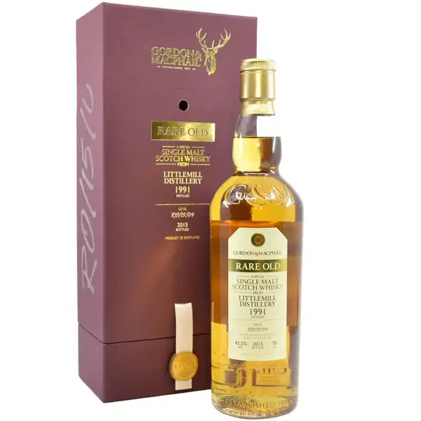Eine Flasche Littlemill 1991 - 2015 Single Malt Scotch Whisky mit 24 Jahren in der Frontalansicht.