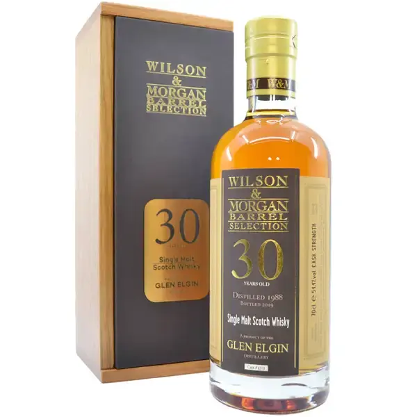 Eine Flasche Glen Elgin 1988 - 2019 Single Malt Scotch Whisky mit 30 Jahren in der Frontalansicht.