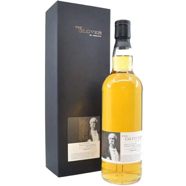Eine Flasche The Glover Blended Malt Whisky mit 14 Jahren in der Frontalansicht mit Umverpackung.