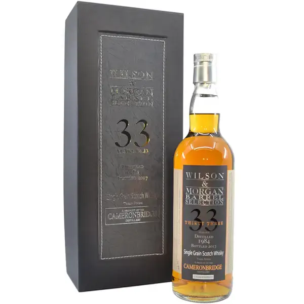 Eine Flasche Cameronbridge 1984 - 2017 Single Cask - Grain Scotch Whisky mit 33 Jahren in der Frontalansicht.