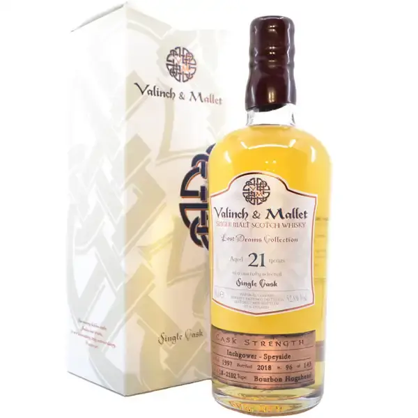Eine Flasche Inchgower 1997 - 2018 Single Malt Scotch Whisky mit 21 Jahren in der Frontalansicht.