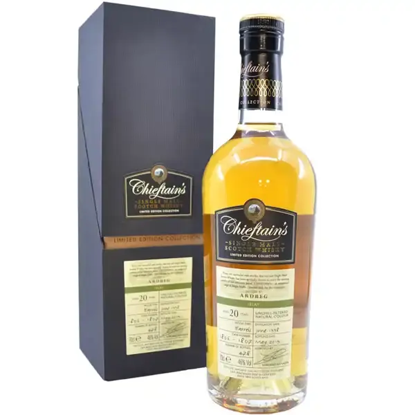 Eine Whiskyflasche vom Ardbeg 1998 - 2019 Single Malt Scotch Whisky mit 20 Jahren Reifung in der Frontalansicht.