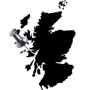 Karte von Schottland mit Stecknadel beim Standort der Tobermory Distillery.