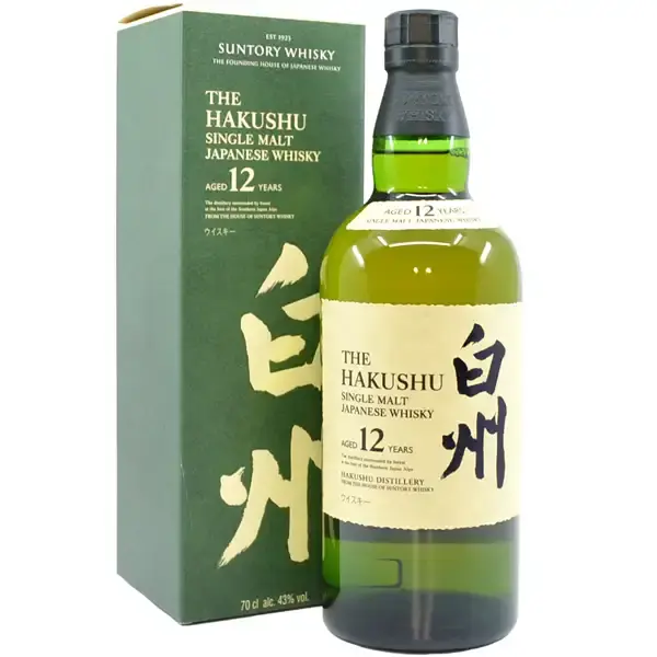 Eine Flasche Hakushu Single Malt Japanese Whisky mit 12 Jahren in der Frontalansicht.