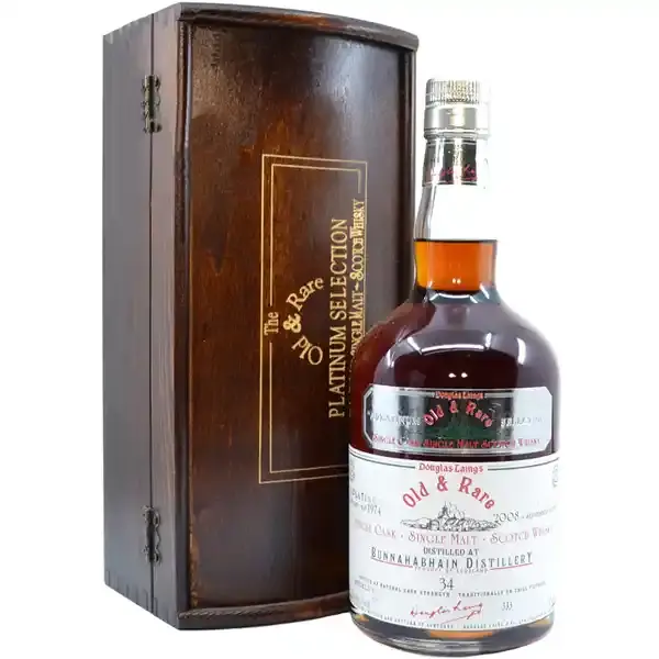 Eine Flasche vom Bunnahabhain 1974 - 2008 Single Cask Scotch Whisky mit 34 Jahren in der Frontalansicht.