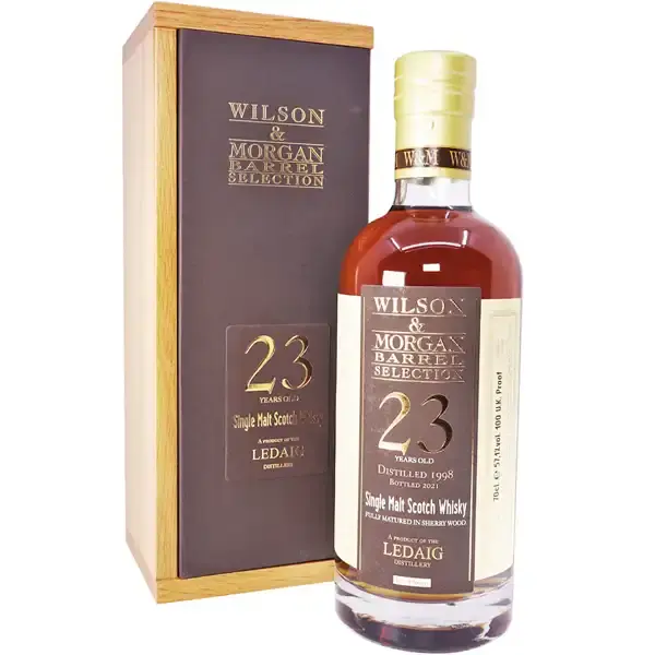 Eine Flasche Ledaig 1998 - 2021 Single Malt Scotch Whisky mit 23 Jahren in der Frontalansicht.