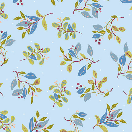 Saras Garden Leaf and Berry Sprigs Lt Blue 31882B