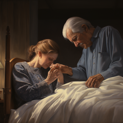 Elderly man and woman sit in dimly lit room, holding hands over a white blanket. The mood is tender and reflective.
