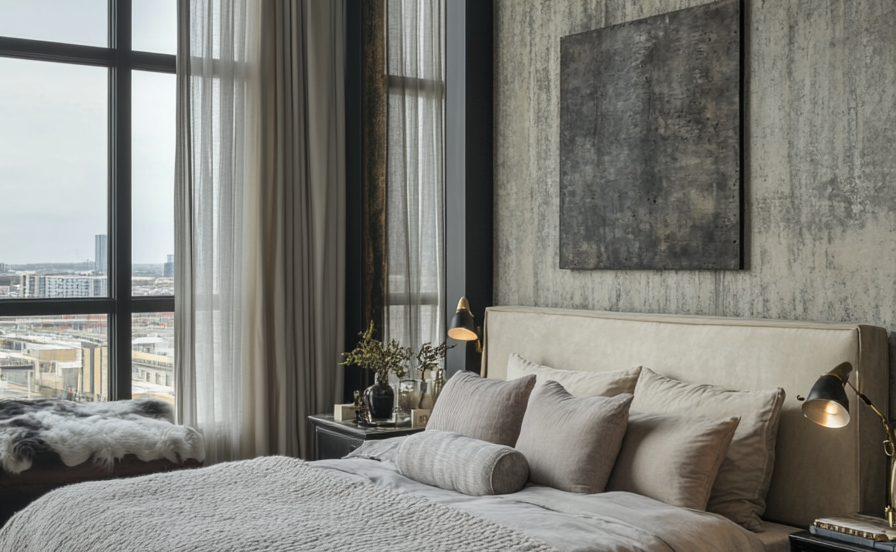 a bedroom with a large bed and a painting on the wall