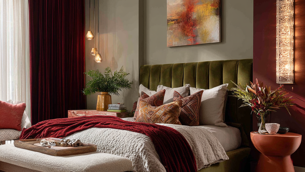 u7564579216_modern_70s_bedroom_with_velvet_olive_green_headbo_b99742fc-ad21-4920-9df7-fced65df31d6_1