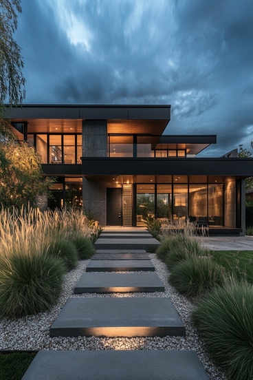 a modern house with a walkway leading to it
