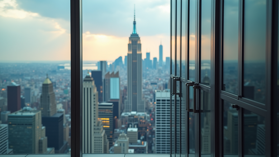 High angle view of a luxury office with a city skyline in the background
