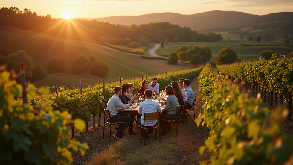 An overhead view of a lively vineyard scene with guests enjoying wine