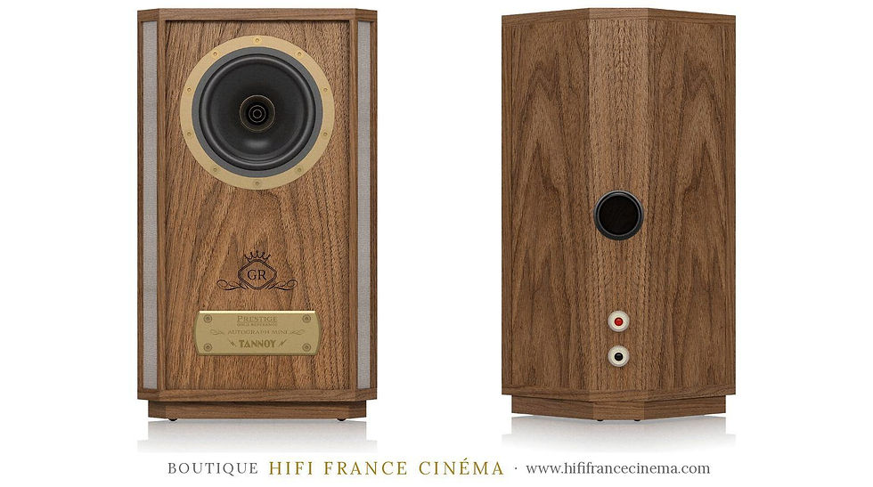 Tannoy Autograph Mini, enceinte bibliothèque finition noyer huilé, vue de face et connectique arrière