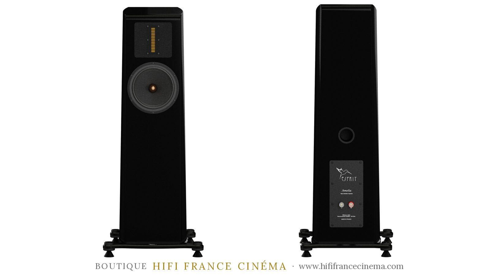 Enceinte colonne Esprit Audio Amelia, finition noir satin, vue de face et connectique arrière — HIFI France Cinéma
