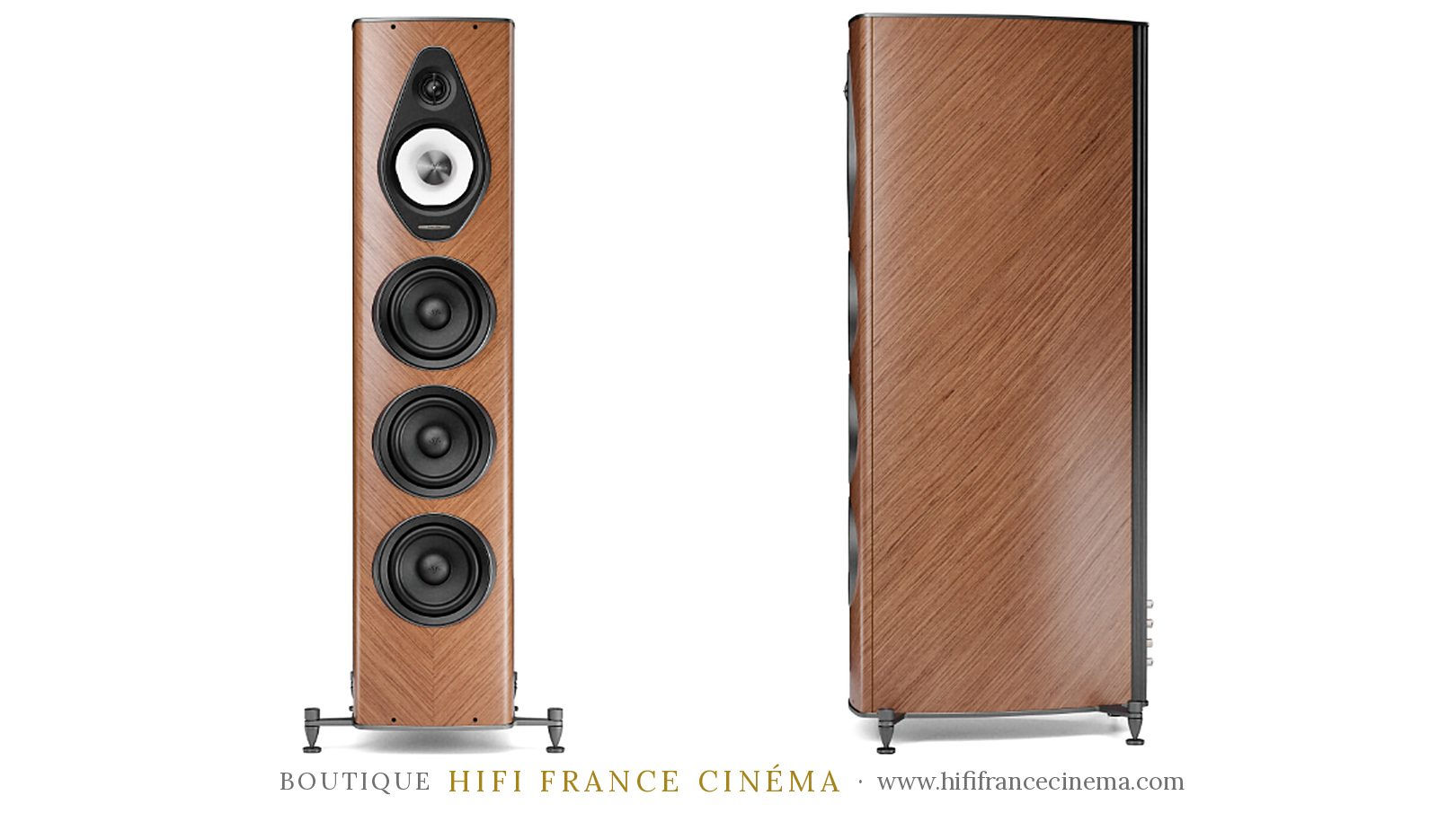 Sonus faber Olympica G3 V, enceinte colonne finition noyer, vue de face et de profil