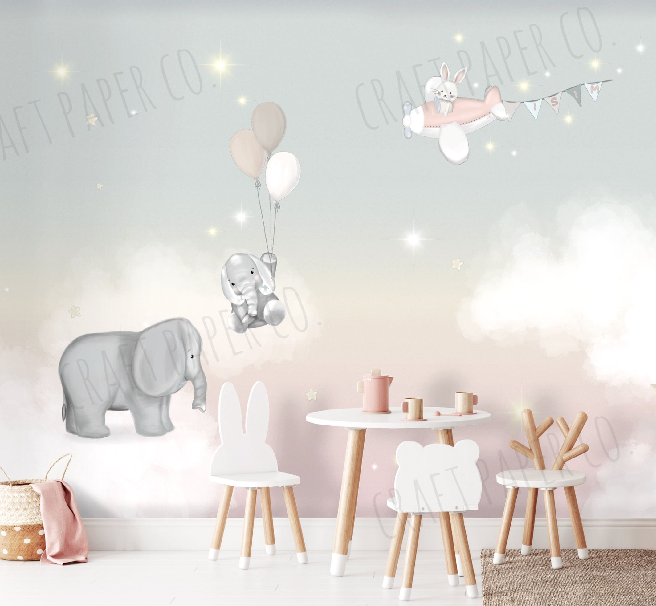 Pembe Sarı Mint Uçaklı Duvar Kağıdı