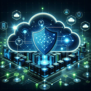 A visually striking digital illustration representing modern cybersecurity in hybrid and cloud environments.