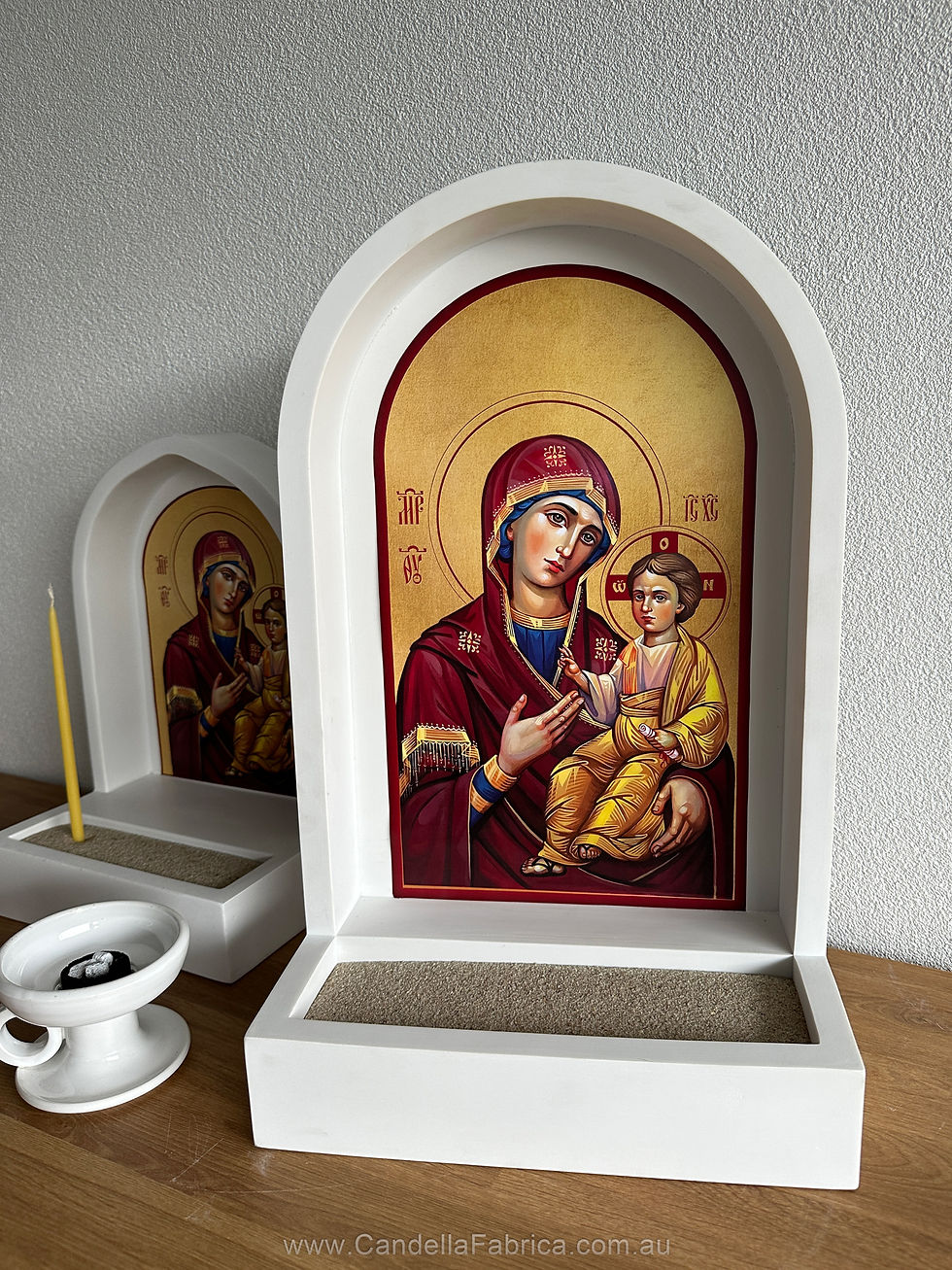 Thumbnail: Frontal view of Orthodox icons custom designed and fitted in our Premium Orthodox Prayer Altars Large and Small