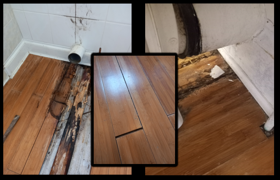Rotten and swollen wooden floor.