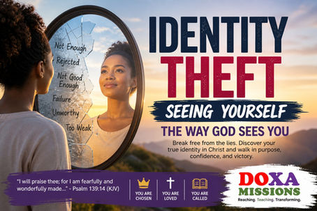 Woman gazing at broken mirror with negative words. Text: "Identity Theft. Seeing Yourself the Way God Sees You." Sunset background.