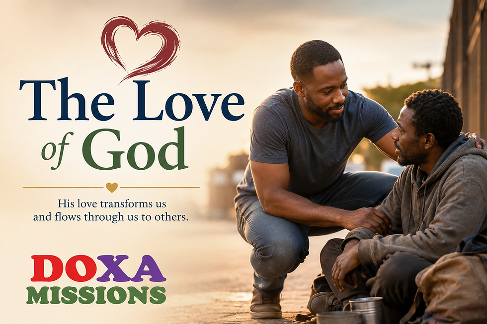 Two men sit on a sidewalk at sunset, one comforting the other; poster reads The Love of God, DOXA MISSIONS.