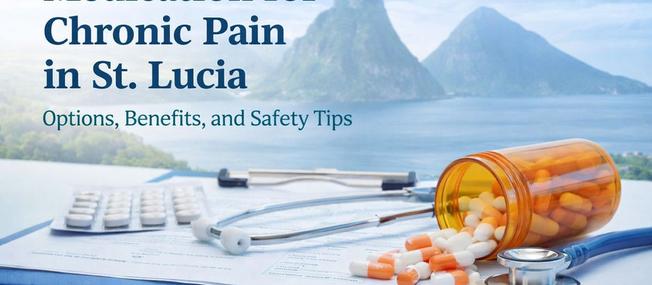 Pills spill from a bottle next to a stethoscope against a view of the piton mountains of St. Lucia. Text reads, "Medication for Chronic Pain in St. Lucia."