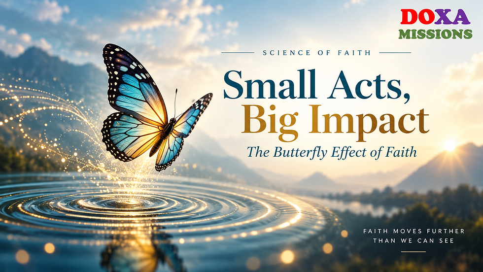 Blue-and-gold butterfly over sunrise water ripples with text: Small Acts, Big Impact; Science of Faith; DOXA Missions