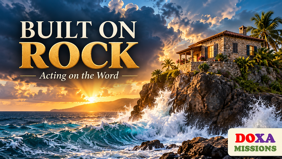 A stone house stands on a solid coastal rock above storm waves as golden light breaks through the clouds, with DOXA Missions branding.