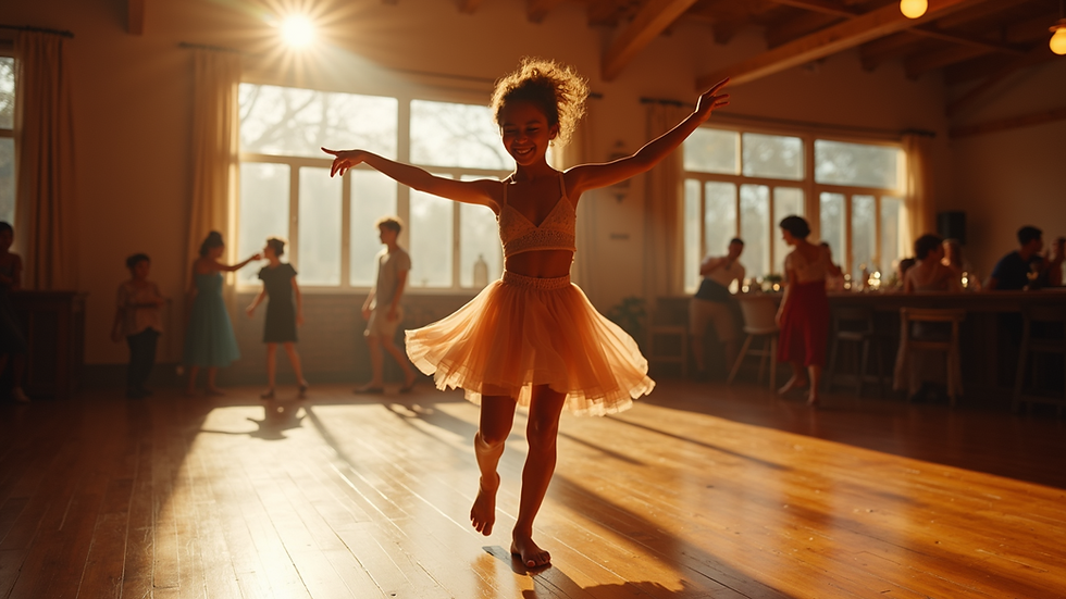 Eye-level view of a joyful dancer spinning on a wooden dance floor