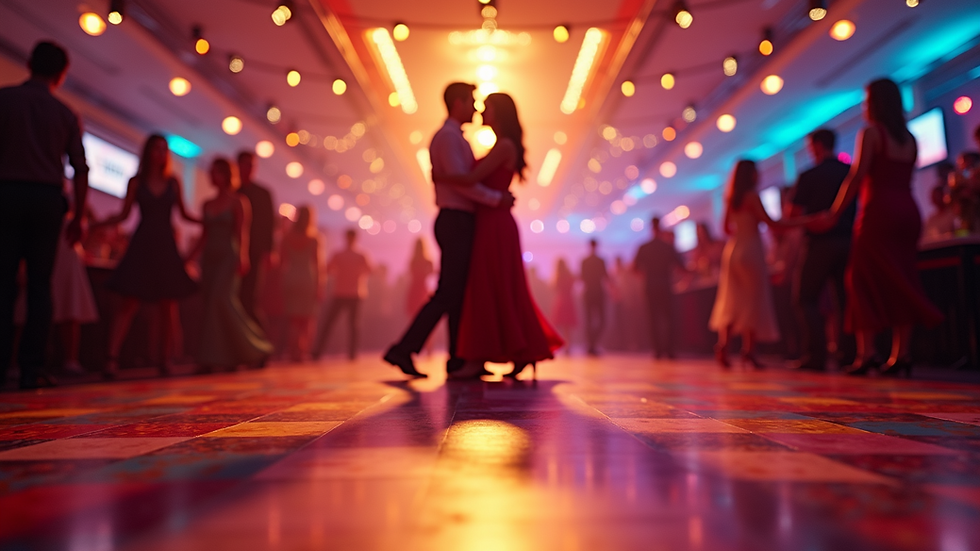 Eye-level view of a colorful salsa dance floor with couples dancing