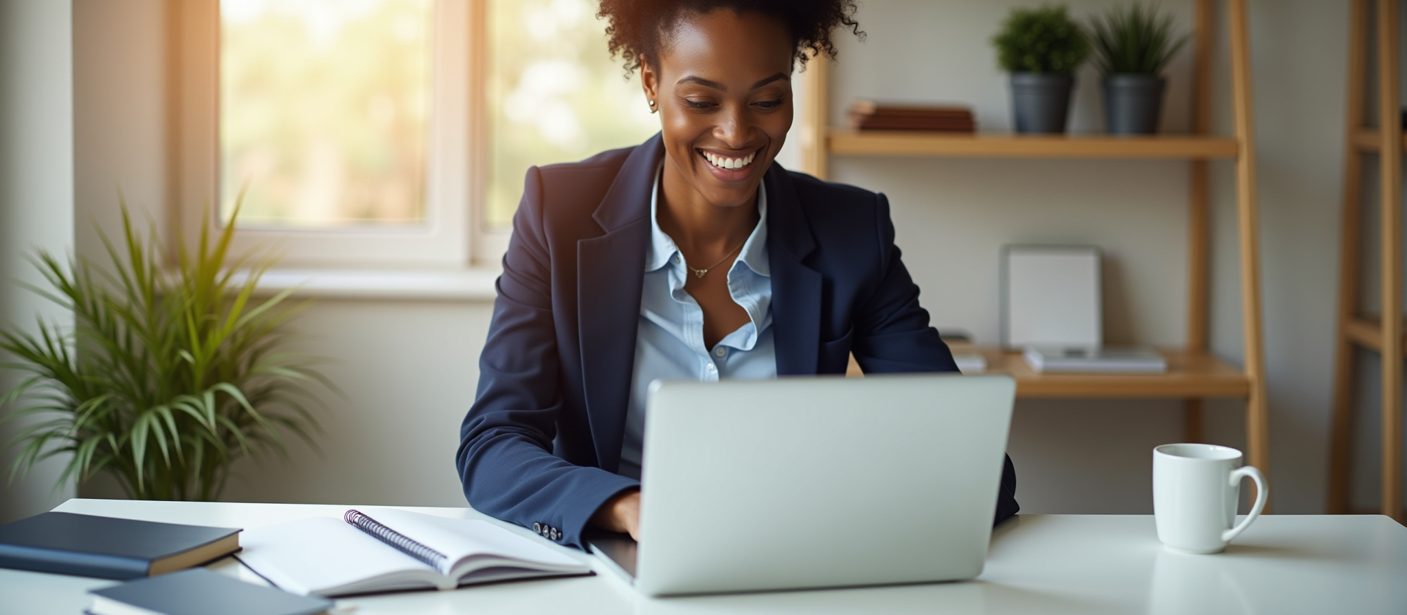 Smiling Black woman working on laptop at desk