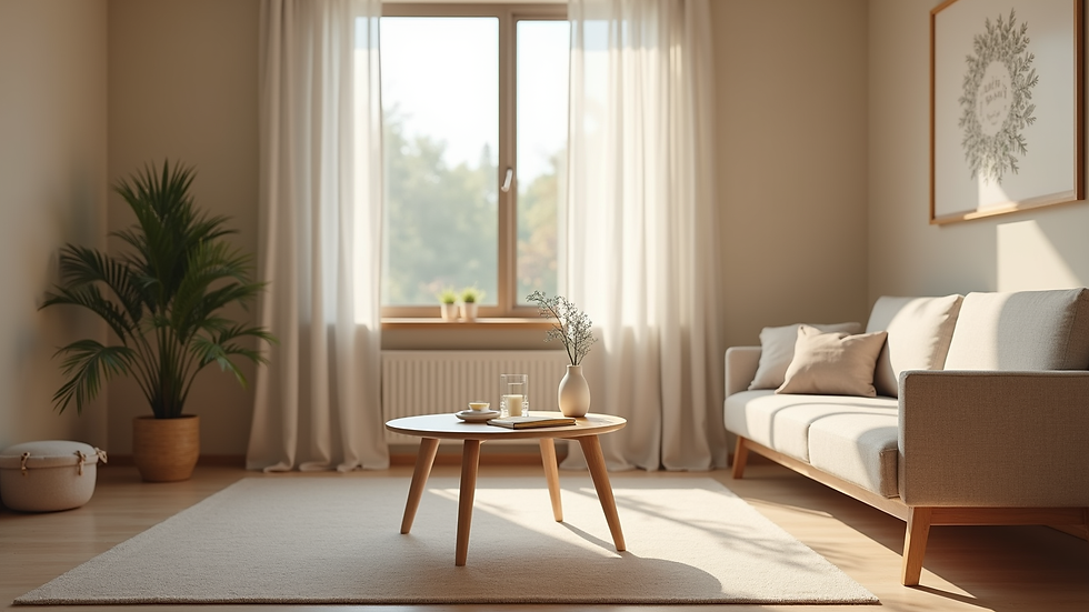 Eye-level view of a serene therapy room with comfortable seating