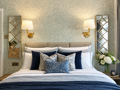 Elegant blue bedroom with botanical wallpaper, brass wall lights, mirrors and layered navy bedding