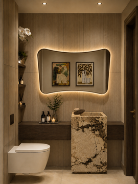 Luxury guest WC with reeded wall tiles, sculptural backlit mirror, dramatic stone basin plinth, dark timber vanity and warm ambient lighting.