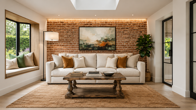 Cream sofa against brick feature wall in Redhill sitting room interior design