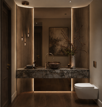 Spa-inspired guest WC with dark timber panelling, floating stone vanity, bronze basin and soft LED lighting in Beckenham home.